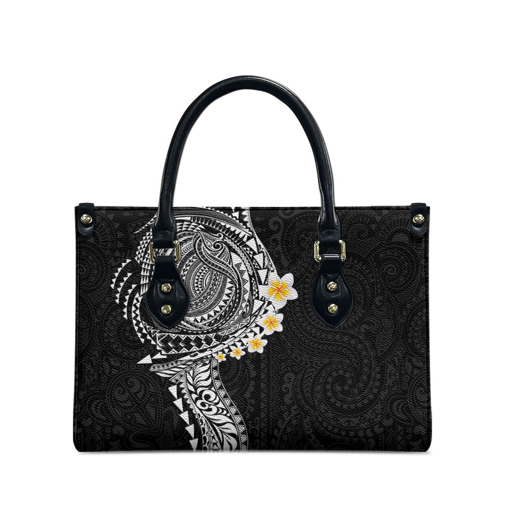Hawaiian Tribal Tattoo and Plumeria Leather Bag Polynesian Pattern Black Color