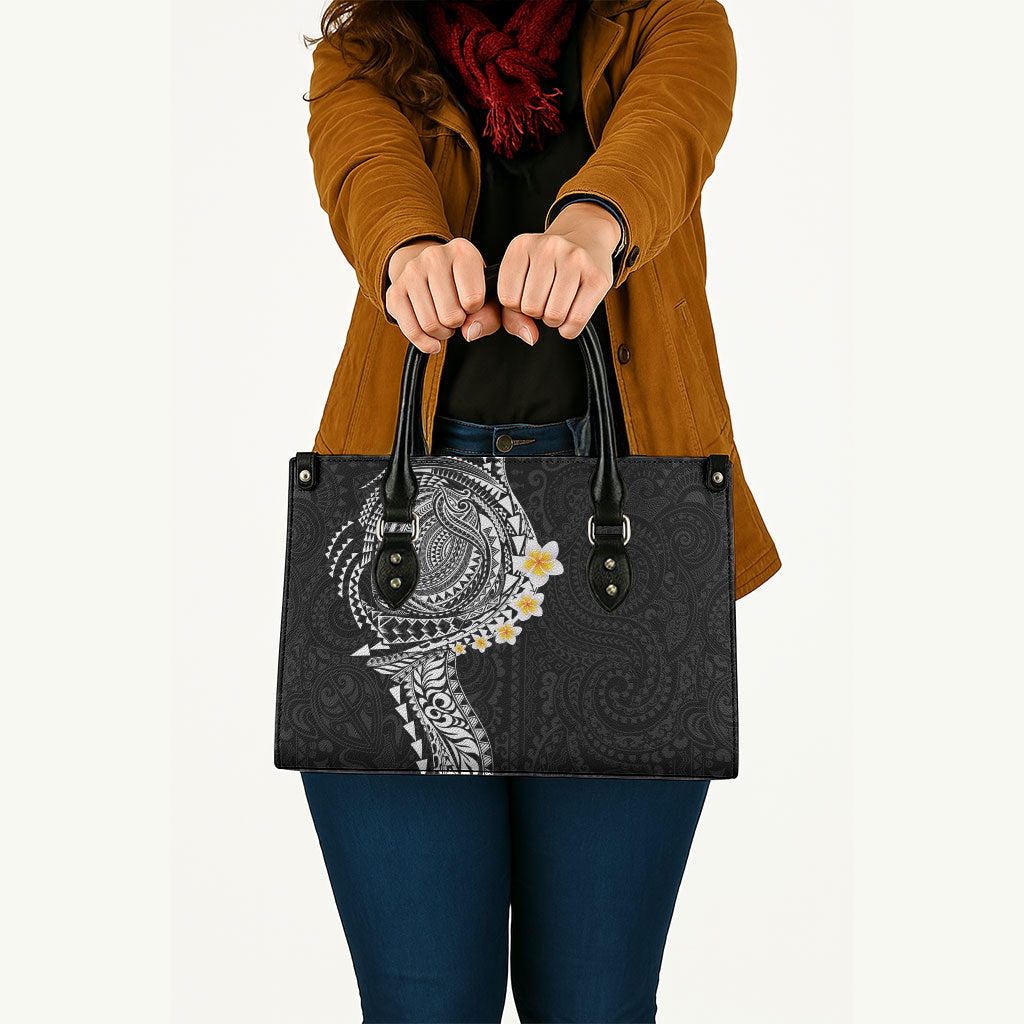 Hawaiian Tribal Tattoo and Plumeria Leather Bag Polynesian Pattern Black Color