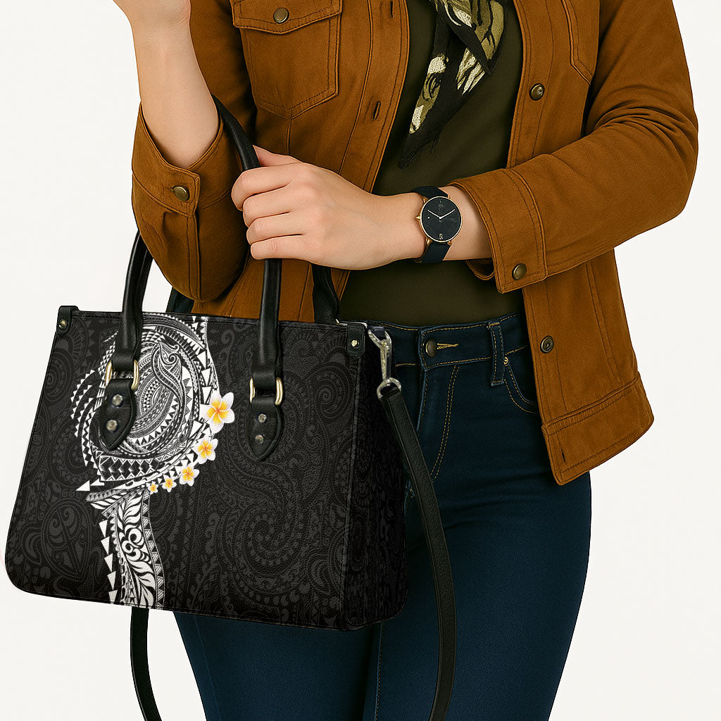 Hawaiian Tribal Tattoo and Plumeria Leather Bag Polynesian Pattern Black Color