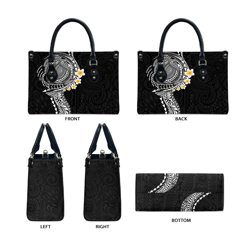 Hawaiian Tribal Tattoo and Plumeria Leather Bag Polynesian Pattern Black Color