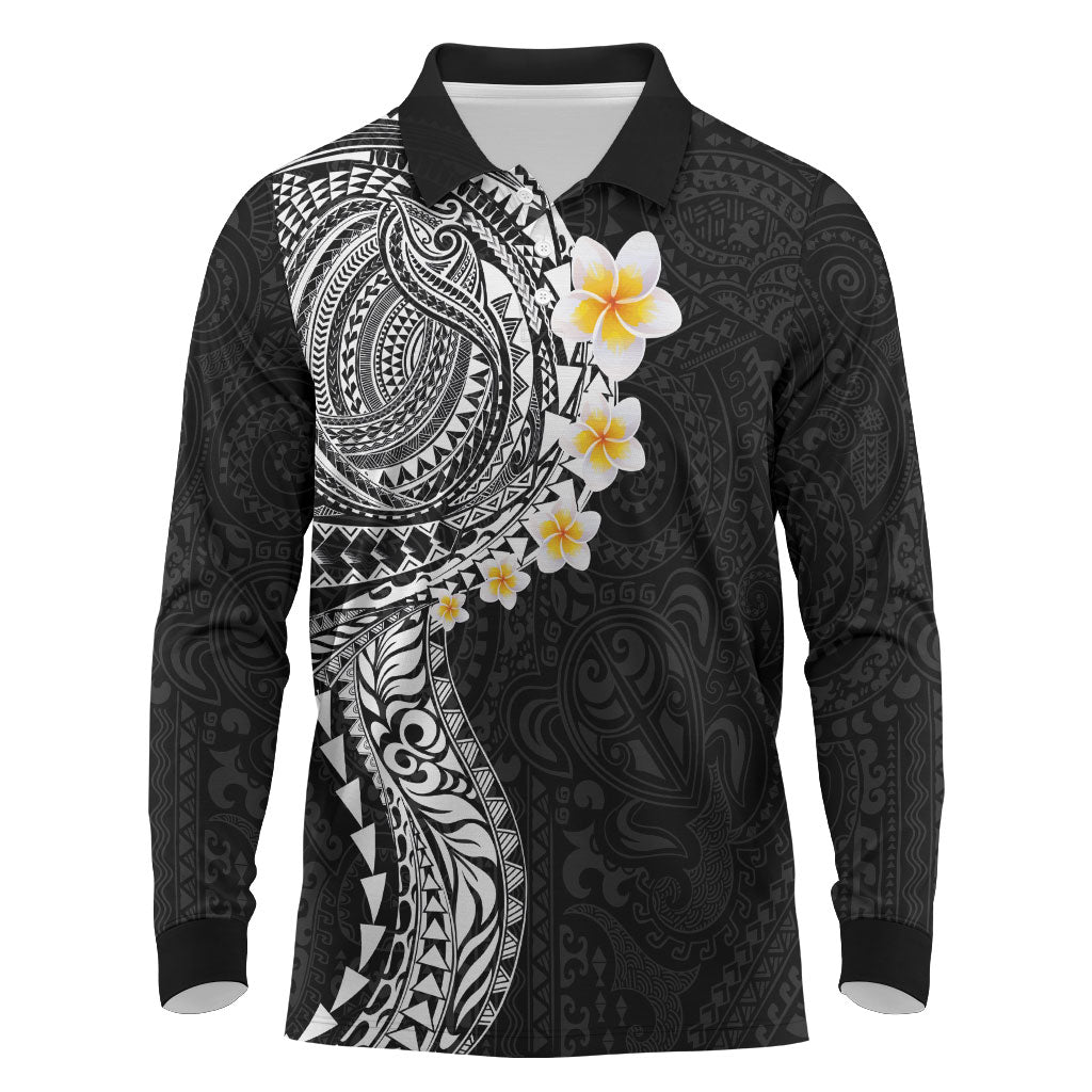 Hawaiian Tribal Tattoo and Plumeria Long Sleeve Polo Shirt Polynesian Pattern Black Color LT03 Black - Polynesian Pride