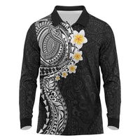Hawaiian Tribal Tattoo and Plumeria Long Sleeve Polo Shirt Polynesian Pattern Black Color LT03 Black - Polynesian Pride