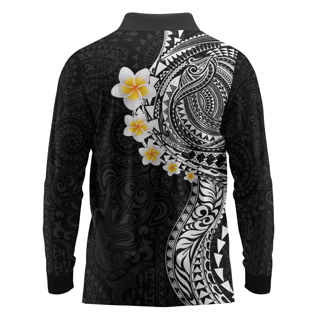 Hawaiian Tribal Tattoo and Plumeria Long Sleeve Polo Shirt Polynesian Pattern Black Color LT03 - Polynesian Pride