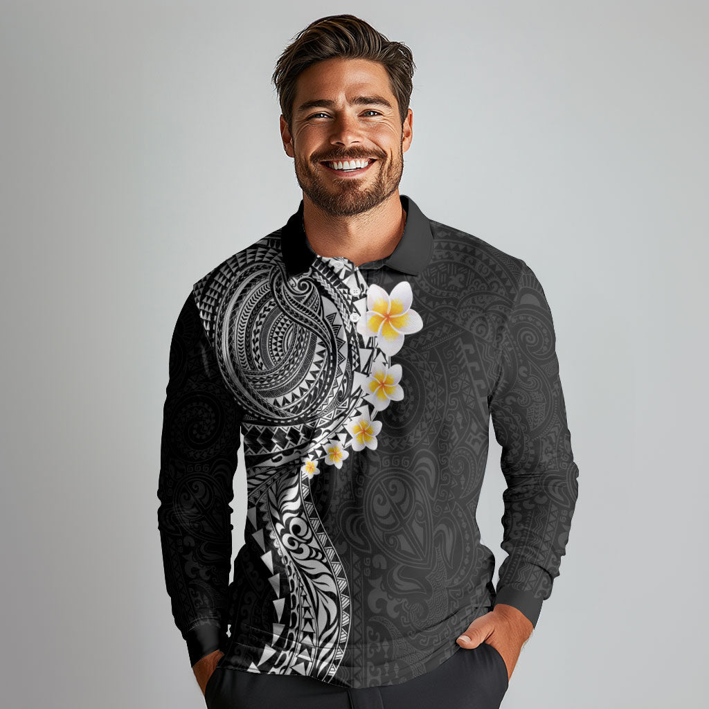 Hawaiian Tribal Tattoo and Plumeria Long Sleeve Polo Shirt Polynesian Pattern Black Color LT03 - Polynesian Pride