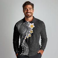 Hawaiian Tribal Tattoo and Plumeria Long Sleeve Polo Shirt Polynesian Pattern Black Color LT03 - Polynesian Pride