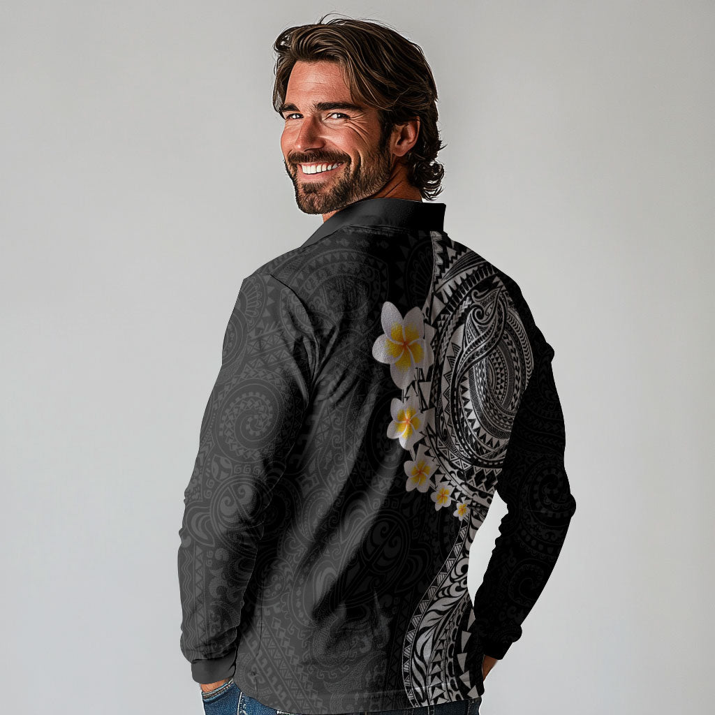 Hawaiian Tribal Tattoo and Plumeria Long Sleeve Polo Shirt Polynesian Pattern Black Color LT03 - Polynesian Pride