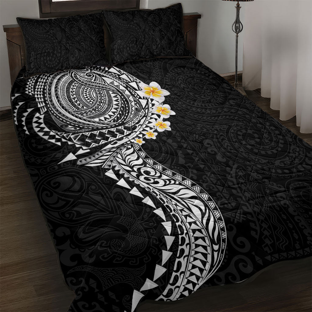 Hawaiian Tribal Tattoo and Plumeria Quilt Bed Set Polynesian Pattern Black Color LT03 Black - Polynesian Pride