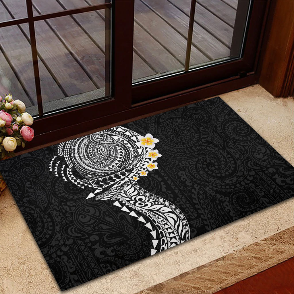 Hawaiian Tribal Tattoo and Plumeria Rubber Doormat Polynesian Pattern Black Color