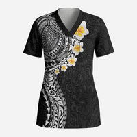 Hawaiian Tribal Tattoo and Plumeria Scrub Top Polynesian Pattern Black Color