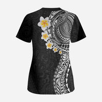 Hawaiian Tribal Tattoo and Plumeria Scrub Top Polynesian Pattern Black Color