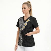 Hawaiian Tribal Tattoo and Plumeria Scrub Top Polynesian Pattern Black Color