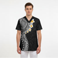 Hawaiian Tribal Tattoo and Plumeria Scrub Top Polynesian Pattern Black Color