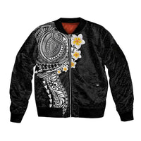 Hawaiian Tribal Tattoo and Plumeria Sleeve Zip Bomber Jacket Polynesian Pattern Black Color