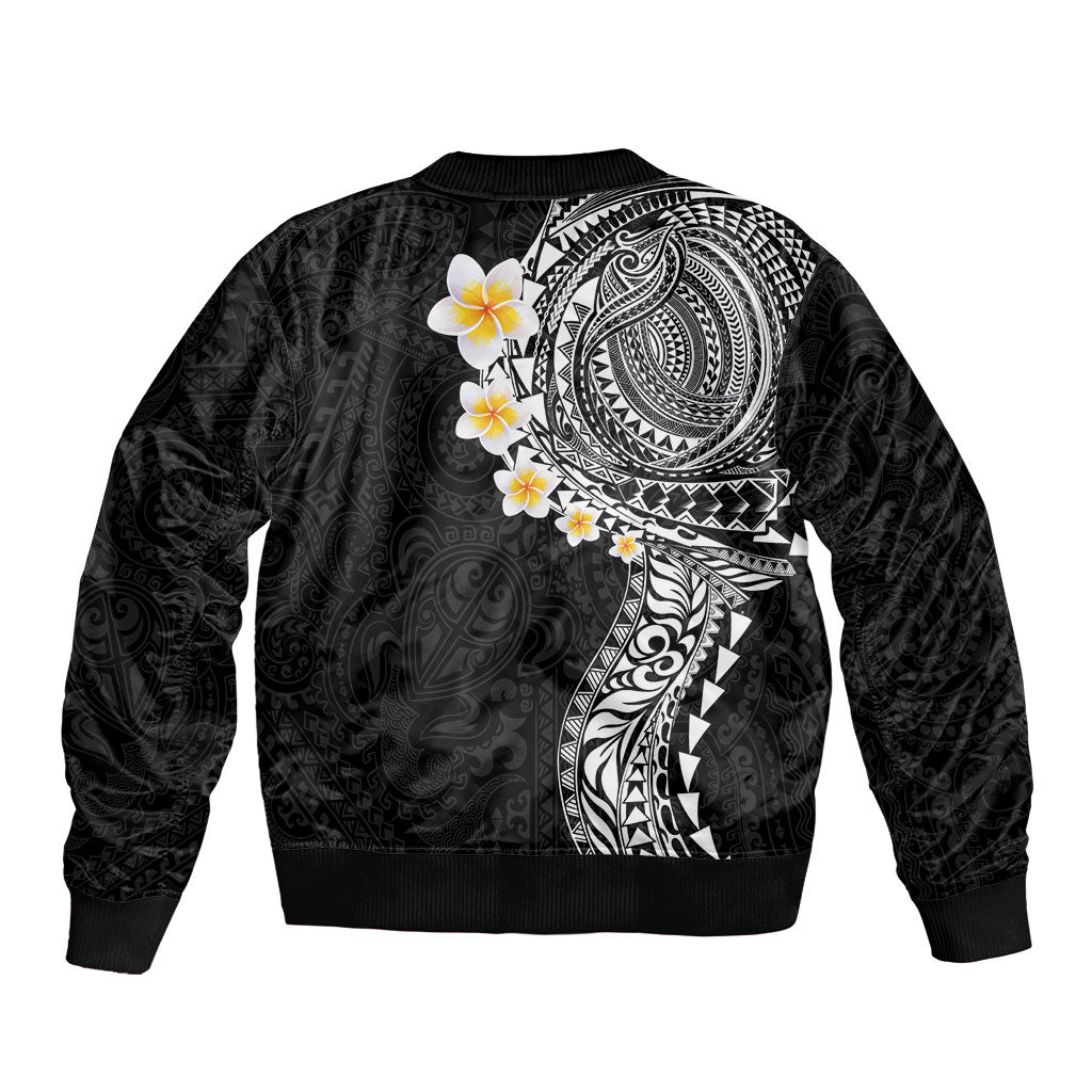 Hawaiian Tribal Tattoo and Plumeria Sleeve Zip Bomber Jacket Polynesian Pattern Black Color