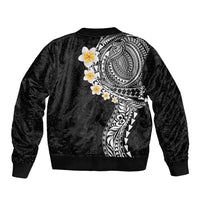 Hawaiian Tribal Tattoo and Plumeria Sleeve Zip Bomber Jacket Polynesian Pattern Black Color