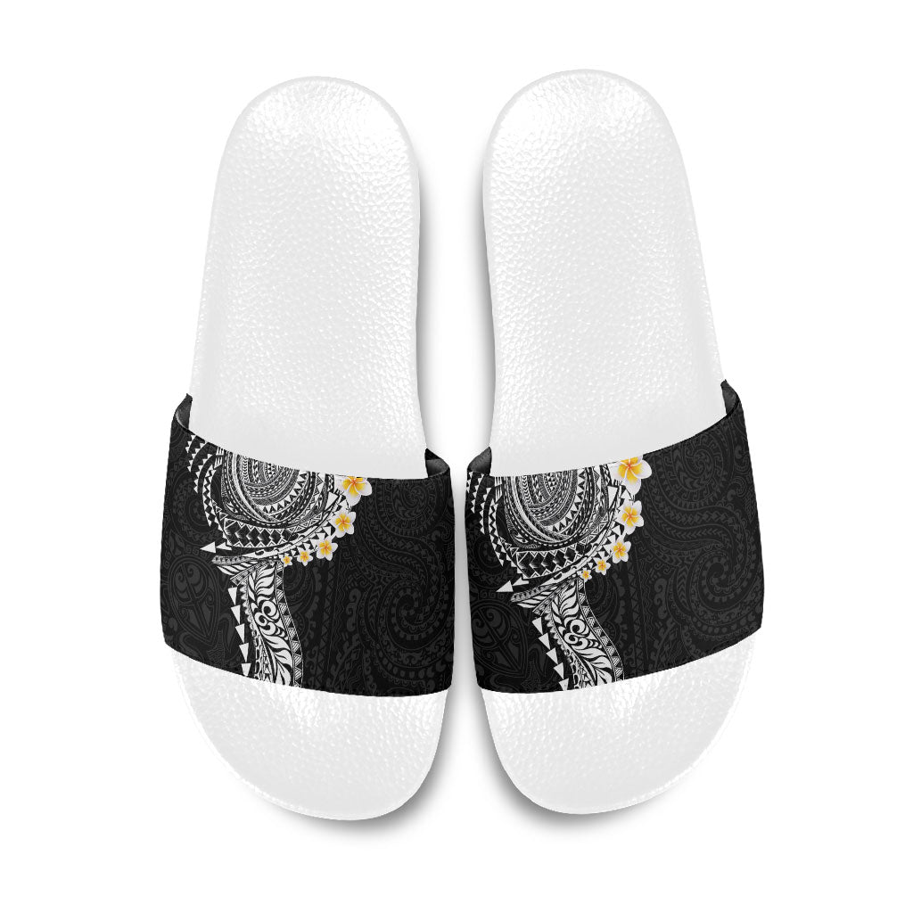 Hawaiian Tribal Tattoo and Plumeria Slide Sandals Polynesian Pattern Black Color