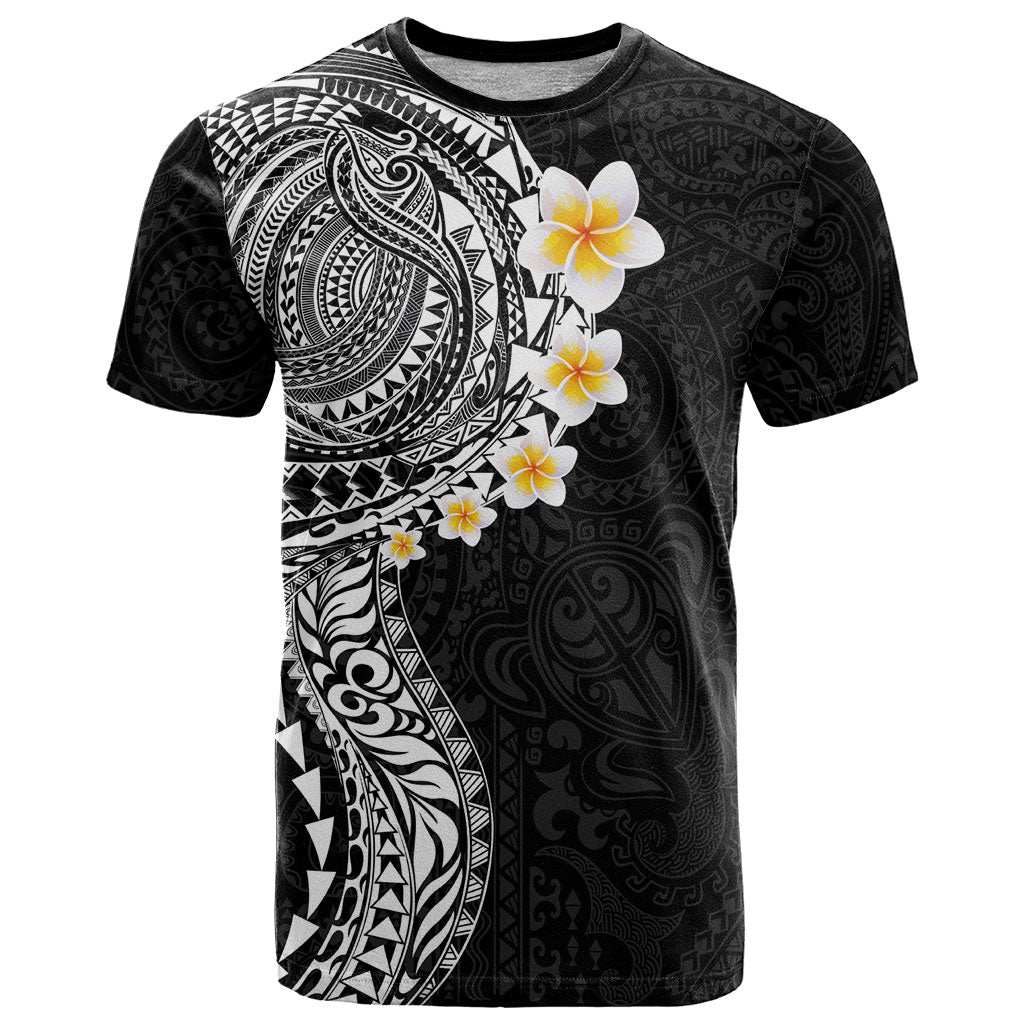 Hawaiian Tribal Tattoo and Plumeria T Shirt Polynesian Pattern Black Color LT03 Black - Polynesian Pride