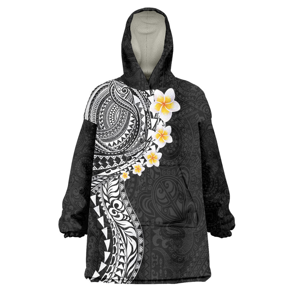 Hawaiian Tribal Tattoo and Plumeria Wearable Blanket Hoodie Polynesian Pattern Black Color