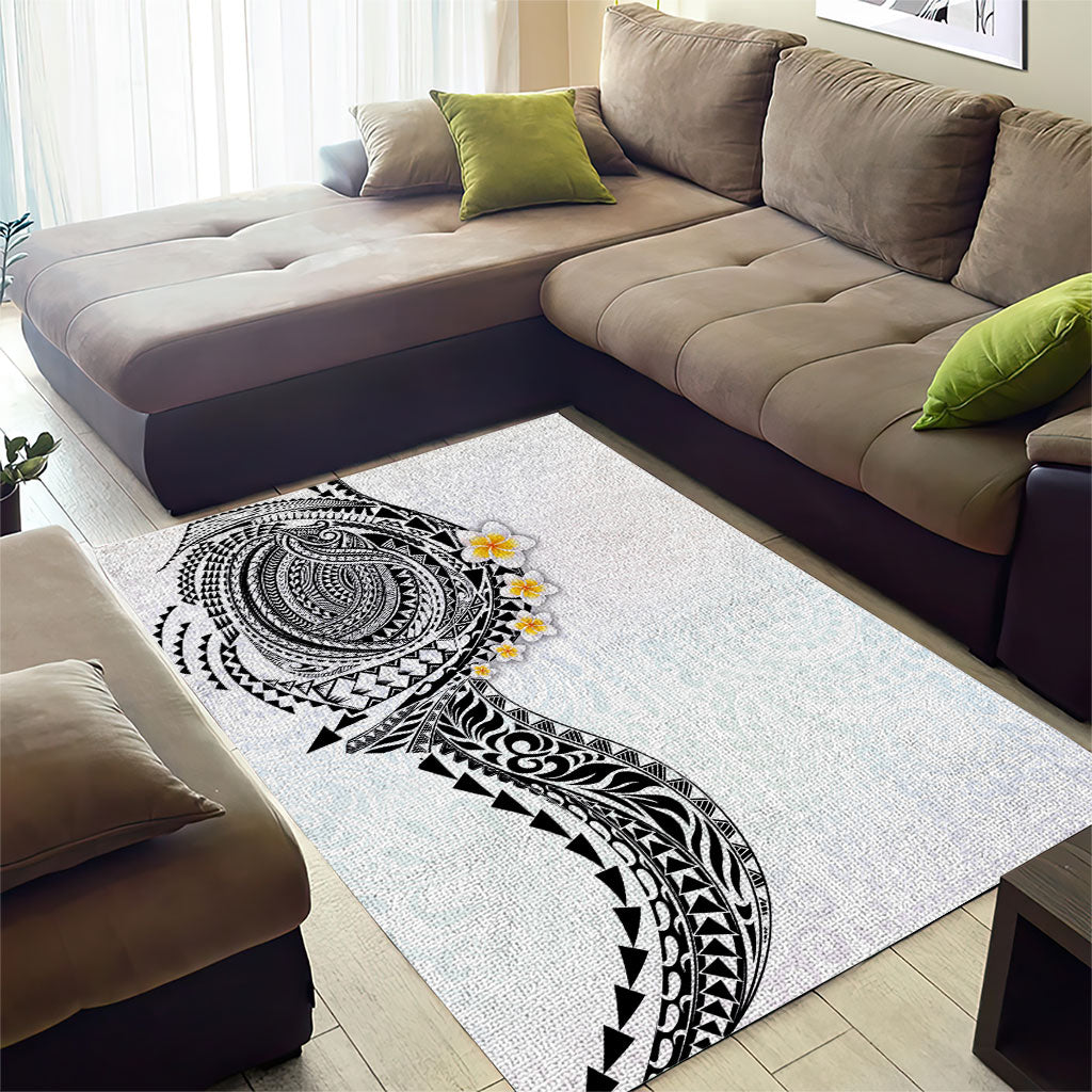 Hawaiian Tribal Tattoo and Plumeria Area Rug Polynesian Pattern White Color