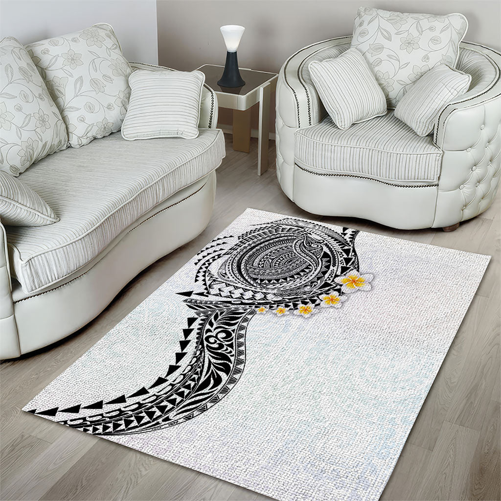 Hawaiian Tribal Tattoo and Plumeria Area Rug Polynesian Pattern White Color