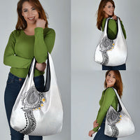 Hawaiian Tribal Tattoo and Plumeria Grocery Bag Polynesian Pattern White Color