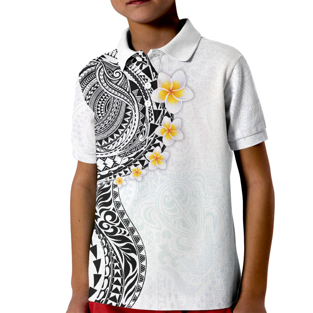 Hawaiian Tribal Tattoo and Plumeria Kid Polo Shirt Polynesian Pattern White Color