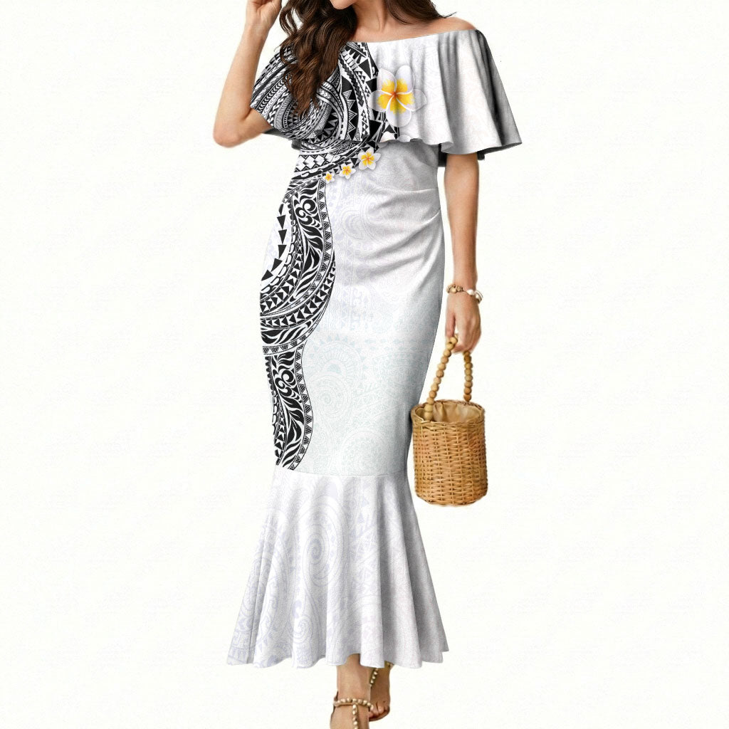 Hawaiian Tribal Tattoo and Plumeria Mermaid Dress Polynesian Pattern White Color LT03 Women White - Polynesian Pride