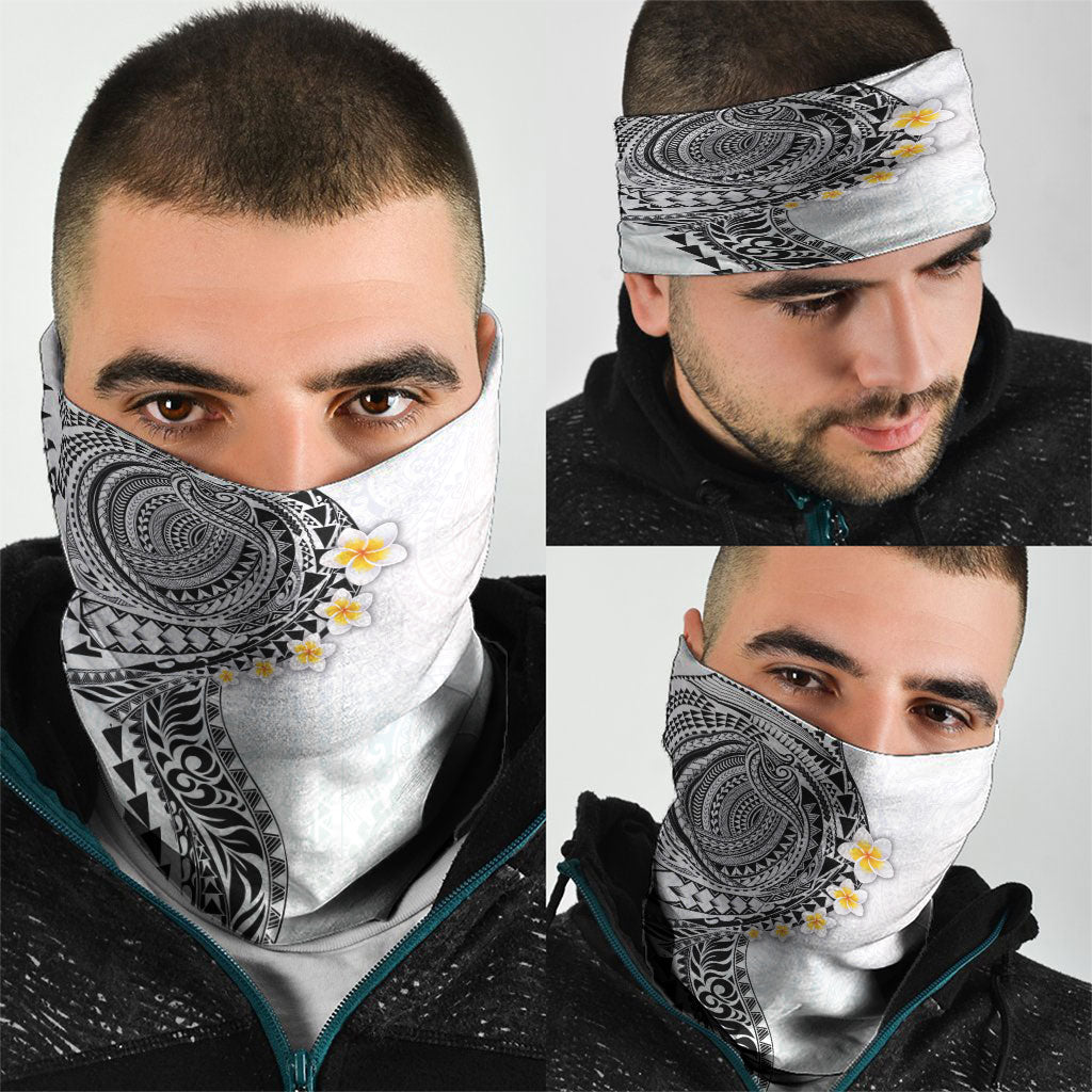 Hawaiian Tribal Tattoo and Plumeria Neck Gaiter Polynesian Pattern White Color