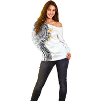 Hawaiian Tribal Tattoo and Plumeria Off Shoulder Sweater Polynesian Pattern White Color