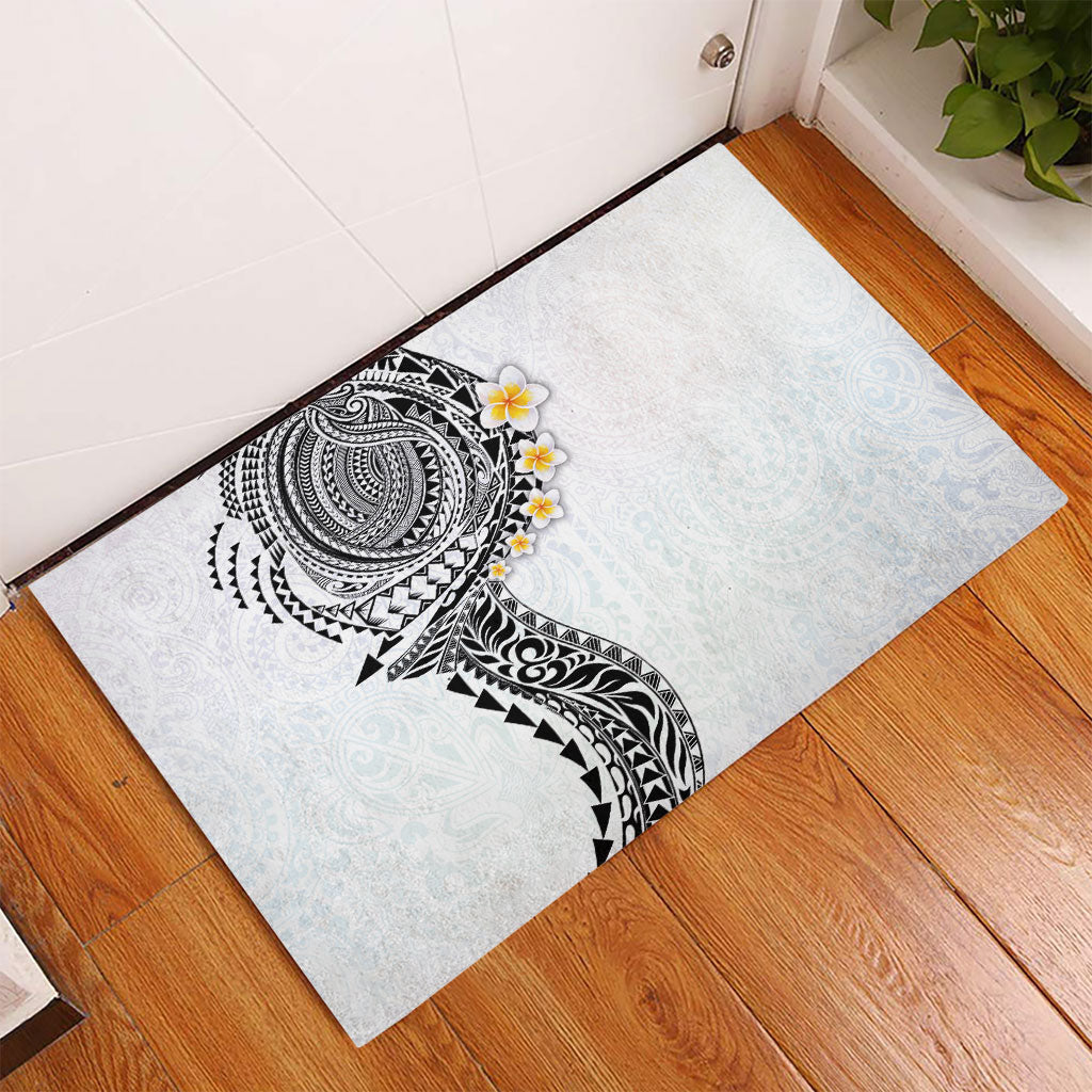 Hawaiian Tribal Tattoo and Plumeria Rubber Doormat Polynesian Pattern White Color