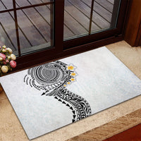 Hawaiian Tribal Tattoo and Plumeria Rubber Doormat Polynesian Pattern White Color
