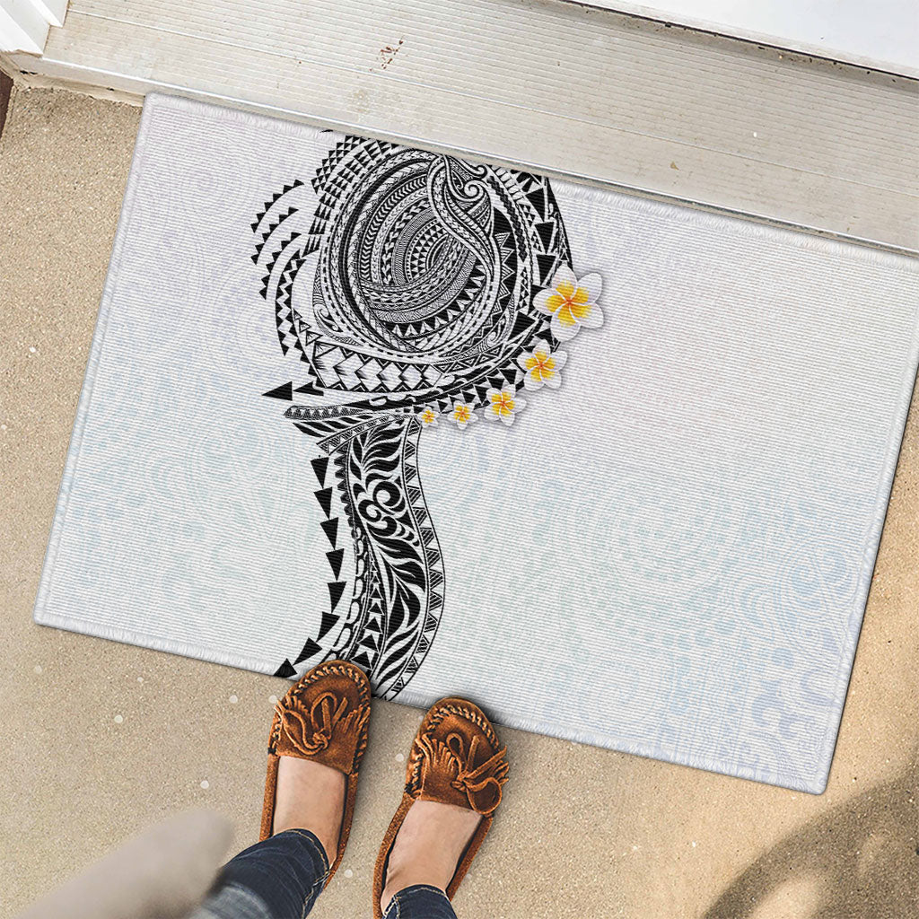 Hawaiian Tribal Tattoo and Plumeria Rubber Doormat Polynesian Pattern White Color