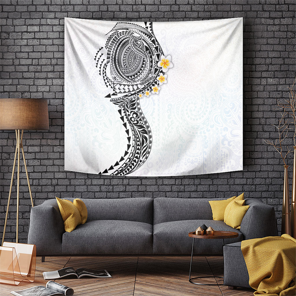 Hawaiian Tribal Tattoo and Plumeria Tapestry Polynesian Pattern White Color