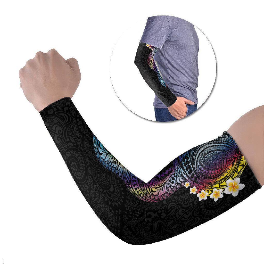 Hawaiian Tribal Tattoo and Plumeria Arm Sleeves Polynesian Pattern Rainbow LT03 Set of 2 Black - Polynesian Pride