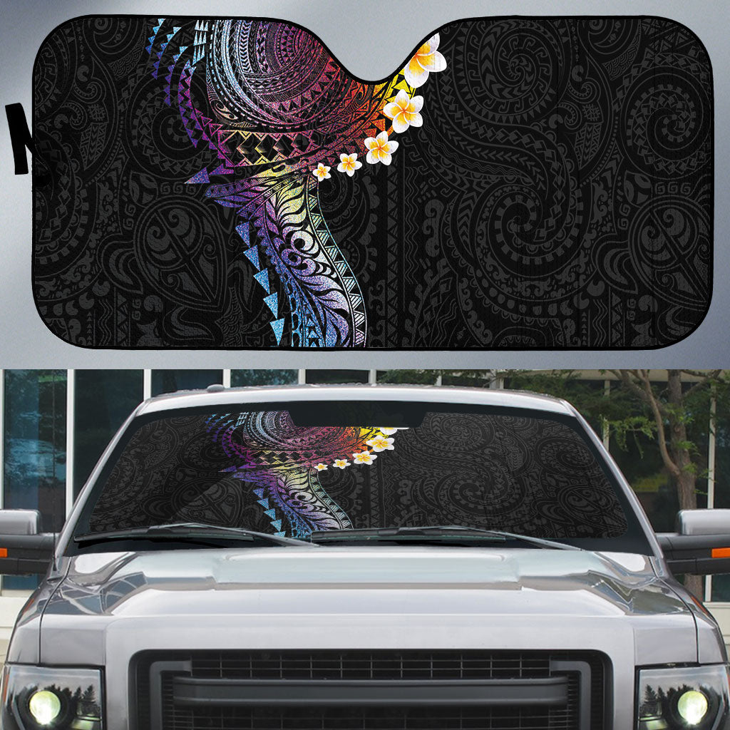 Hawaiian Tribal Tattoo and Plumeria Auto Sun Shade Polynesian Pattern Rainbow