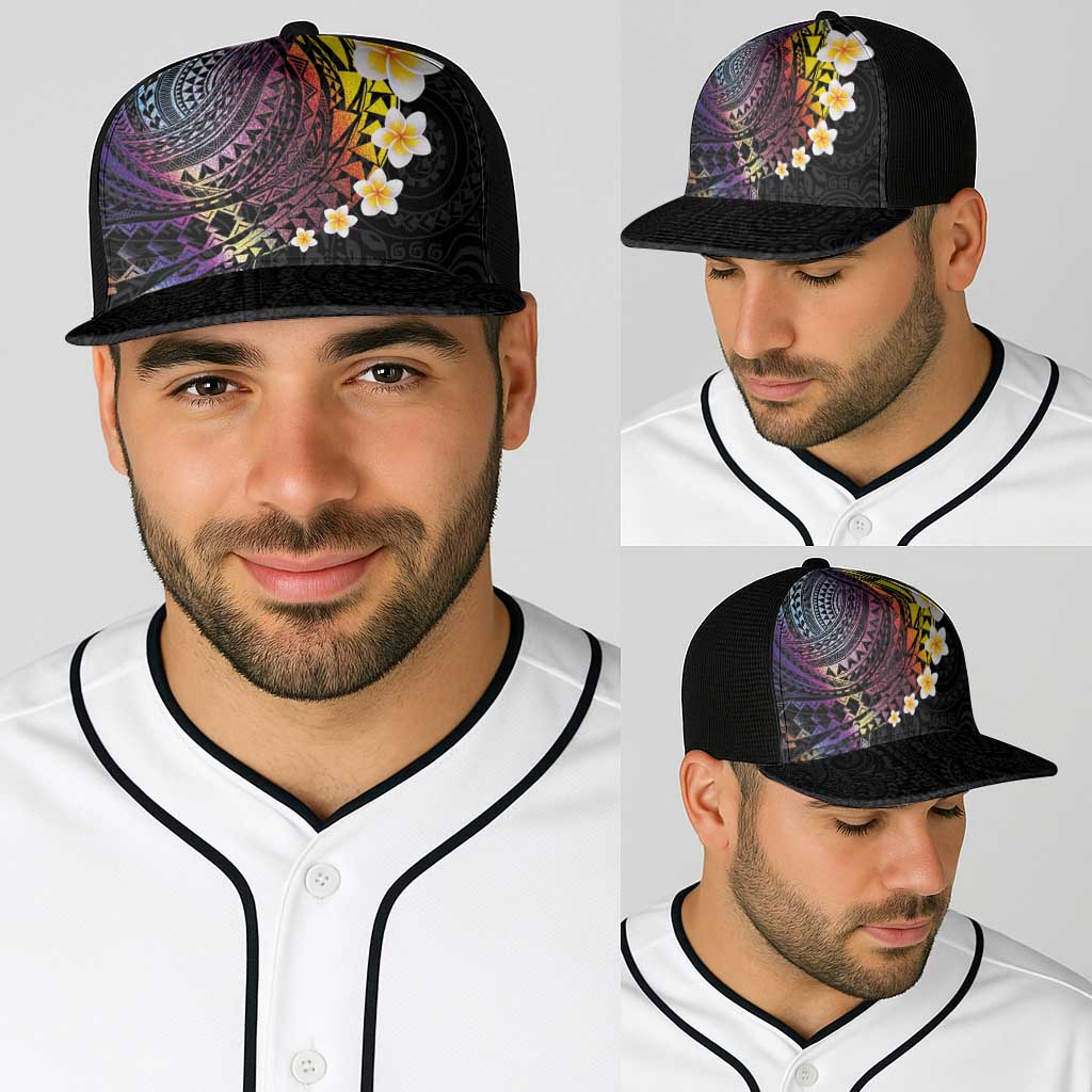 Hawaiian Tribal Tattoo and Plumeria Baseball Net Cap Polynesian Pattern Rainbow
