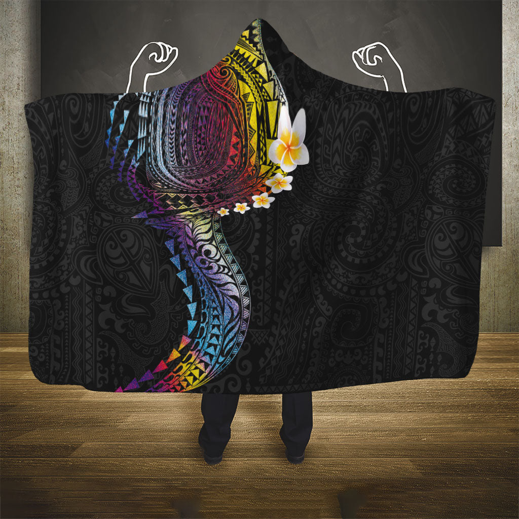 Hawaiian Tribal Tattoo and Plumeria Hooded Blanket Polynesian Pattern Rainbow
