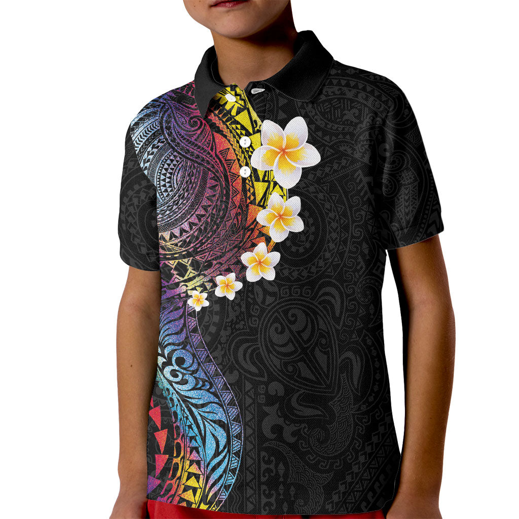 Hawaiian Tribal Tattoo and Plumeria Kid Polo Shirt Polynesian Pattern Rainbow