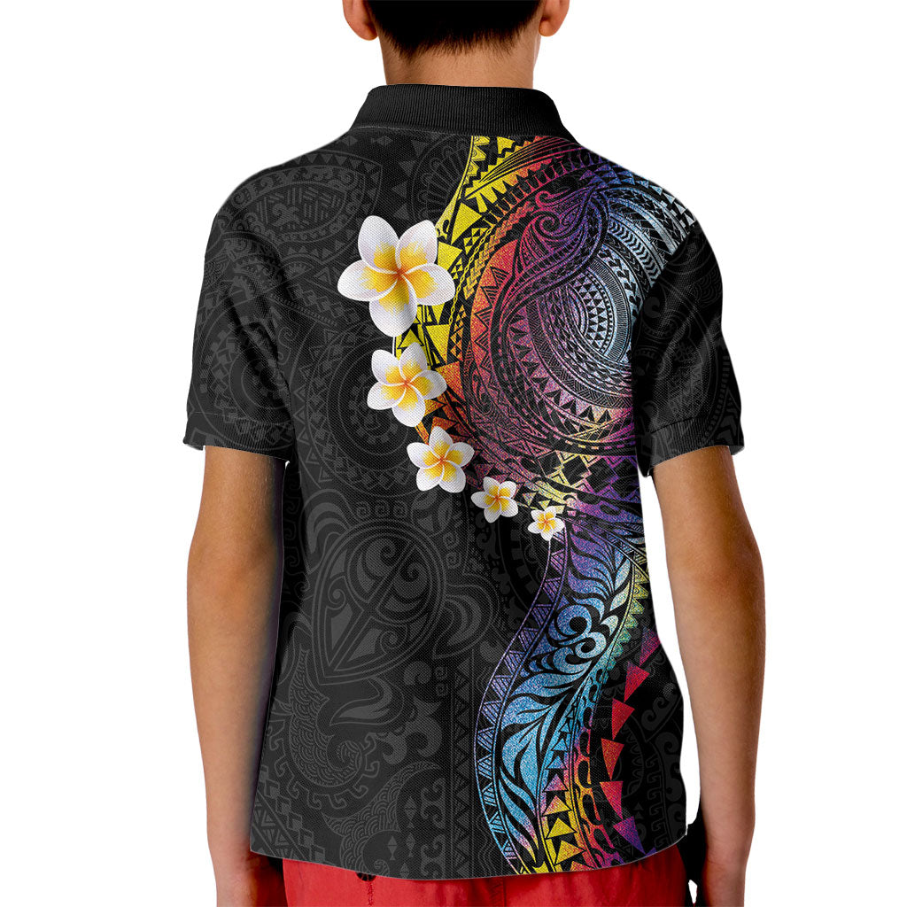 Hawaiian Tribal Tattoo and Plumeria Kid Polo Shirt Polynesian Pattern Rainbow
