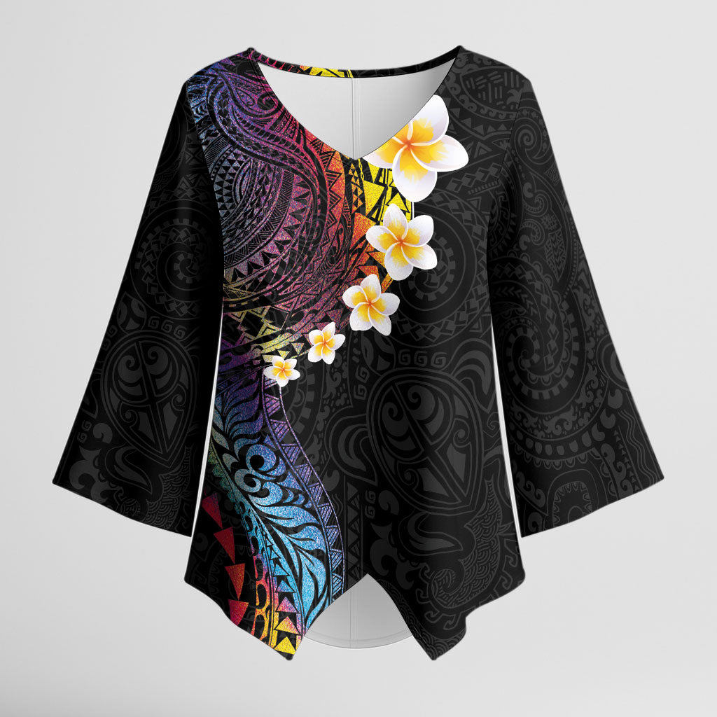 Hawaiian Tribal Tattoo and Plumeria Kimono Sleeve Blouse Polynesian Pattern Rainbow LT03 Female Black - Polynesian Pride