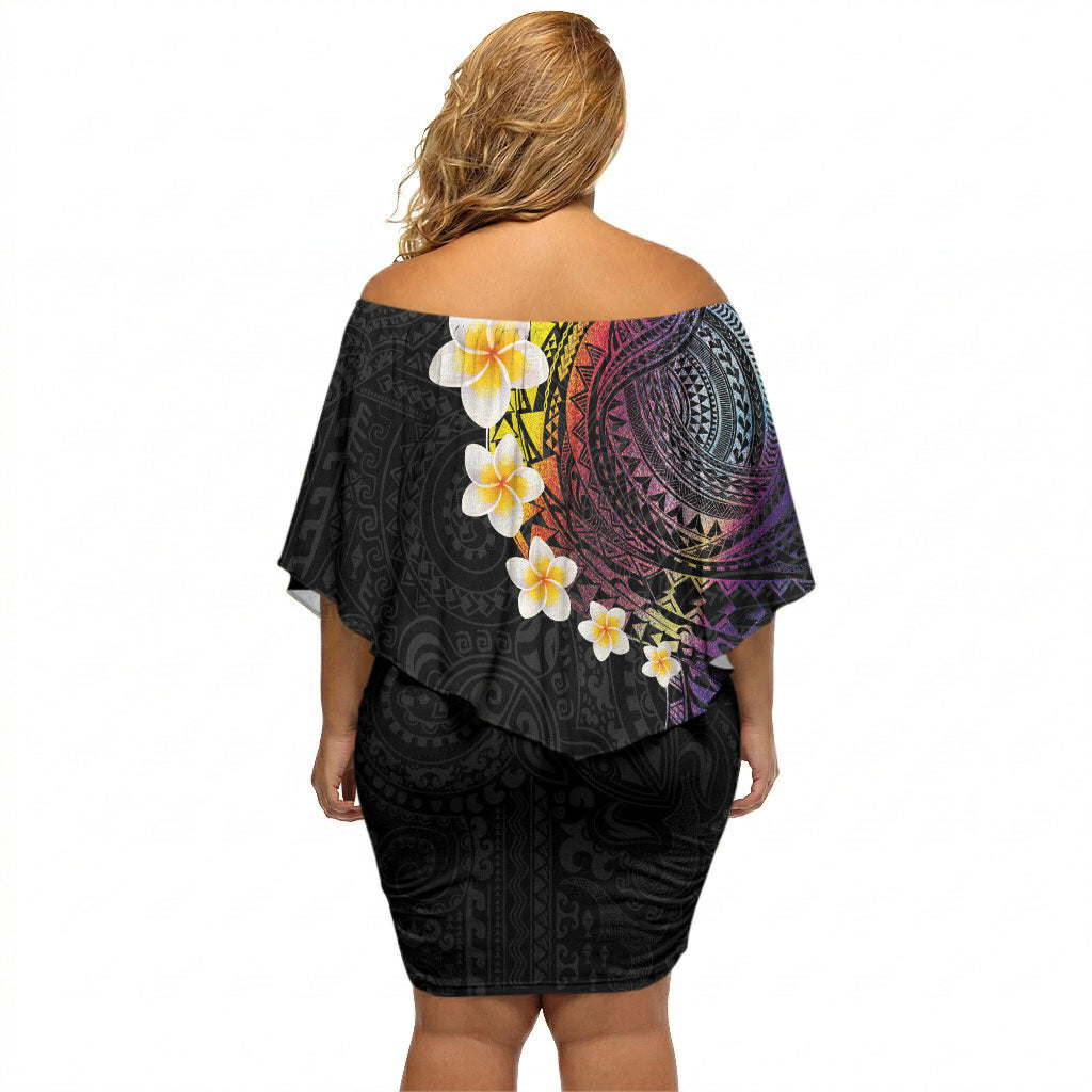 Hawaiian Tribal Tattoo and Plumeria Off Shoulder Short Dress Polynesian Pattern Rainbow