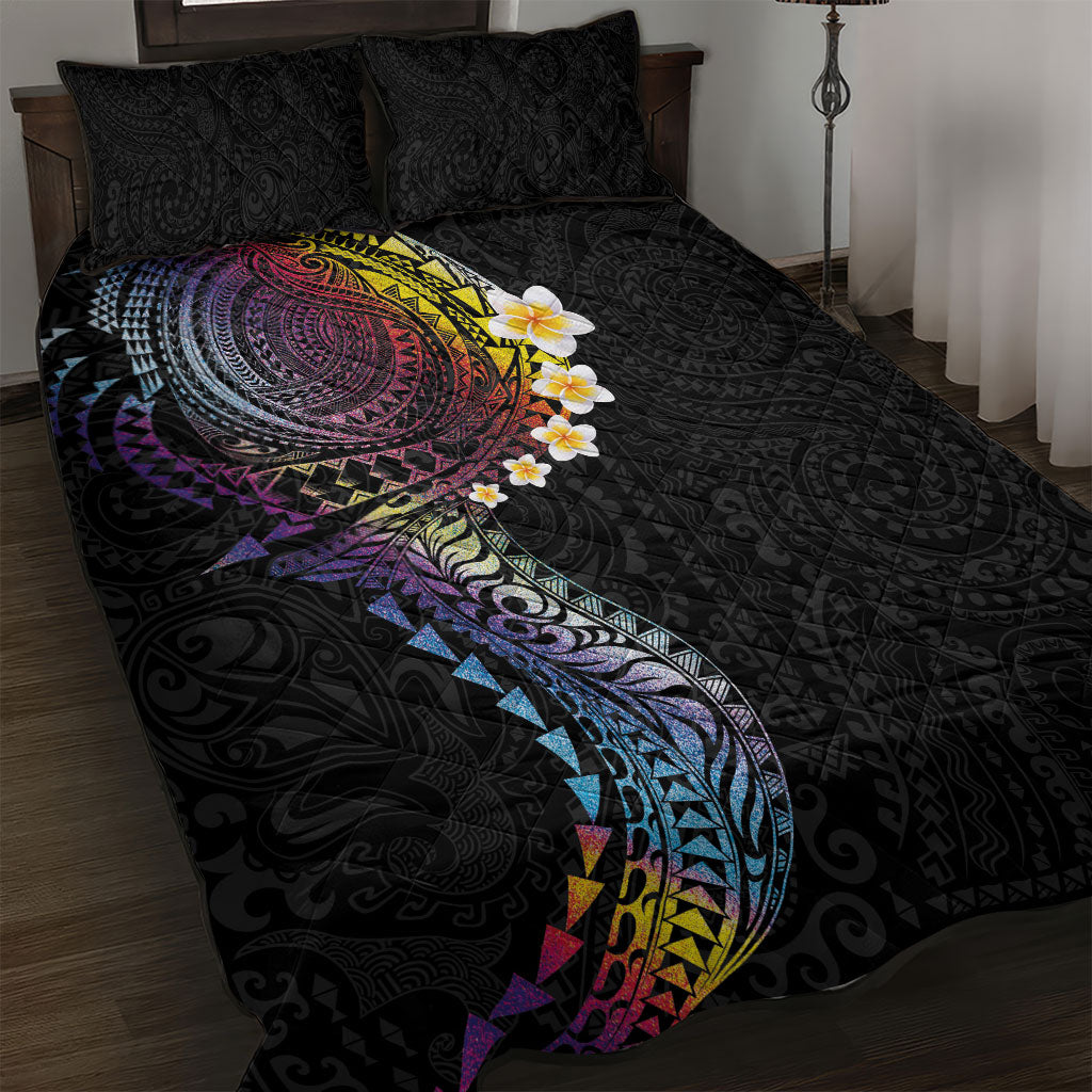 Hawaiian Tribal Tattoo and Plumeria Quilt Bed Set Polynesian Pattern Rainbow LT03 Black - Polynesian Pride
