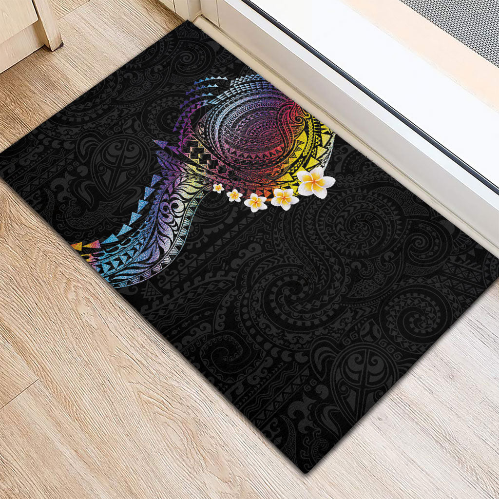 Hawaiian Tribal Tattoo and Plumeria Rubber Doormat Polynesian Pattern Rainbow
