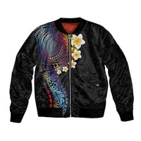 Hawaiian Tribal Tattoo and Plumeria Sleeve Zip Bomber Jacket Polynesian Pattern Rainbow