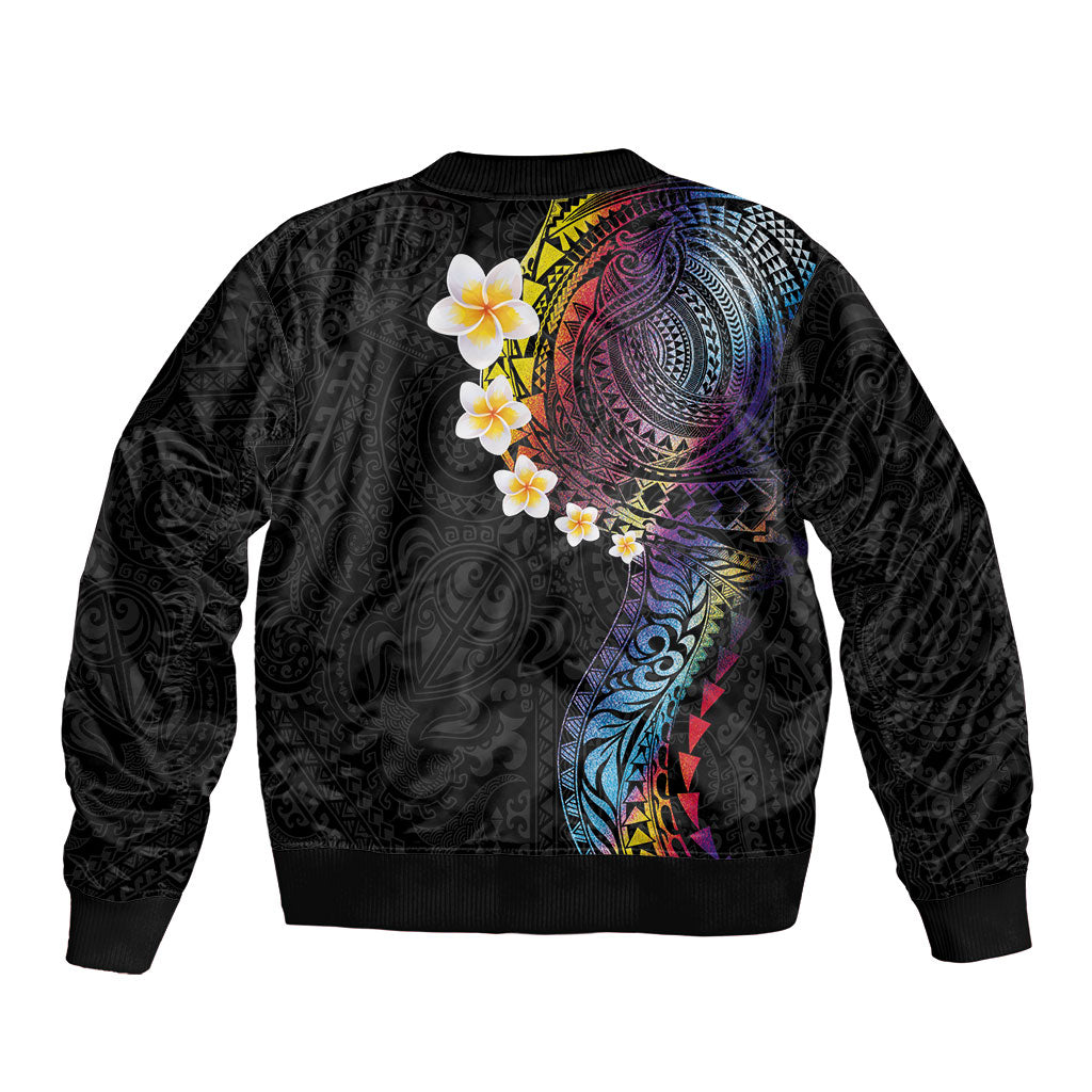 Hawaiian Tribal Tattoo and Plumeria Sleeve Zip Bomber Jacket Polynesian Pattern Rainbow