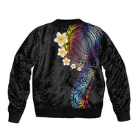 Hawaiian Tribal Tattoo and Plumeria Sleeve Zip Bomber Jacket Polynesian Pattern Rainbow