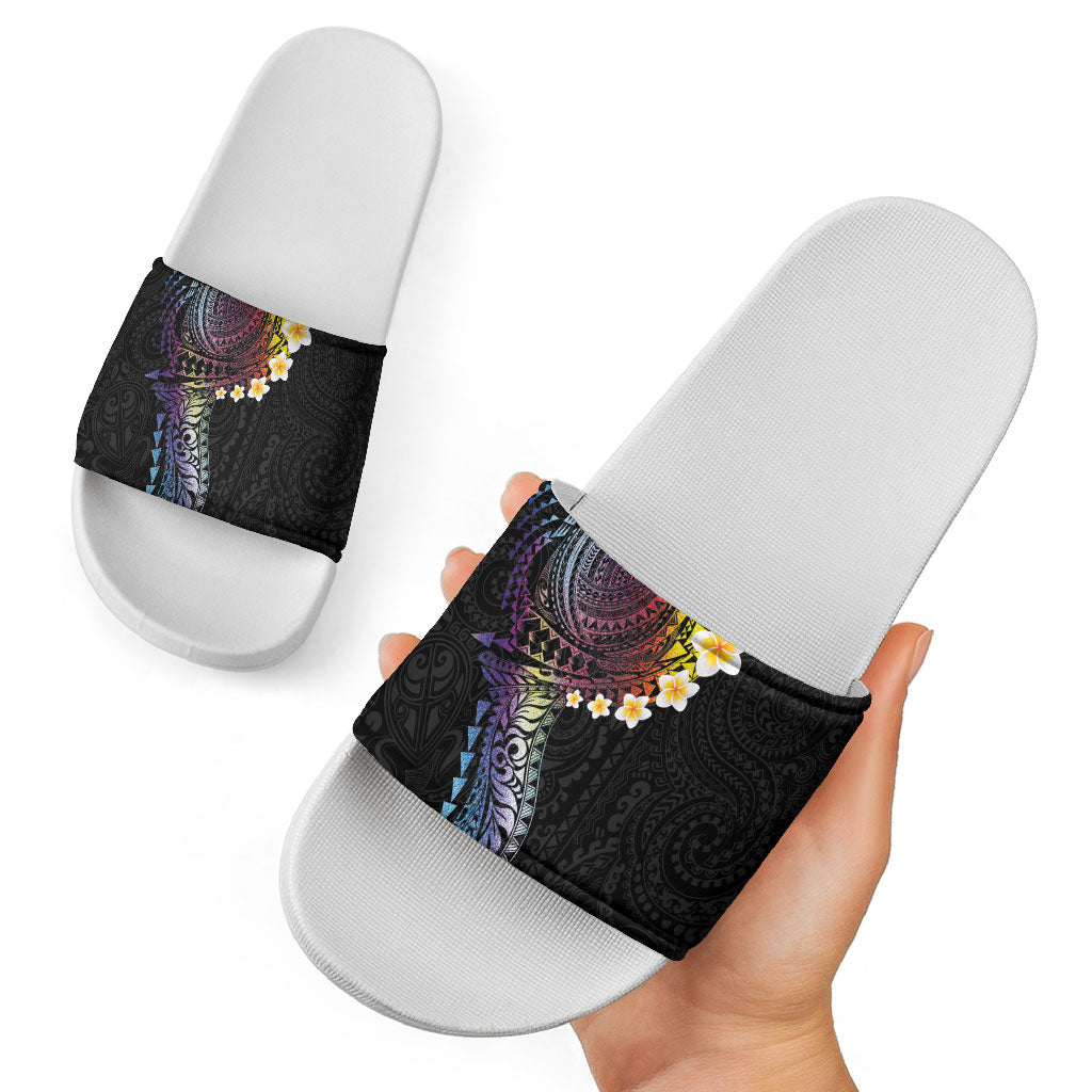 Hawaiian Tribal Tattoo and Plumeria Slide Sandals Polynesian Pattern Rainbow