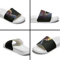Hawaiian Tribal Tattoo and Plumeria Slide Sandals Polynesian Pattern Rainbow