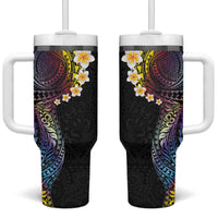 Hawaiian Tribal Tattoo and Plumeria Tumbler With Handle Polynesian Pattern Rainbow