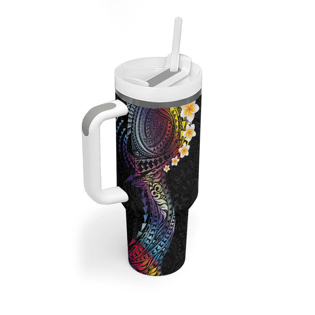 Hawaiian Tribal Tattoo and Plumeria Tumbler With Handle Polynesian Pattern Rainbow